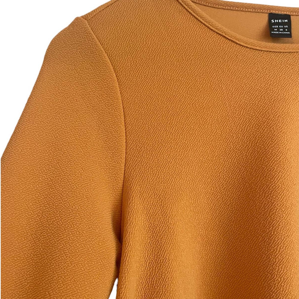 Shein Top Women Size 6 Orange Crew Neck Long Sleeve Tiered Belted Pullover - Picture 5 of 11